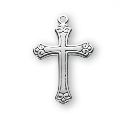 Swirl Tipped Cross Sterling Silver Pendant — 18" Chain, Made in USA, Gift Box