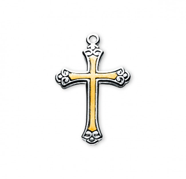 Swirl Tipped Two-Tone Cross Sterling Silver — 18" Chain, Made in USA, Gift Box