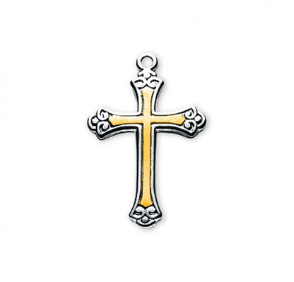 Swirl Tipped Two-Tone Cross Sterling Silver — 18" Chain, Made in USA, Gift Box