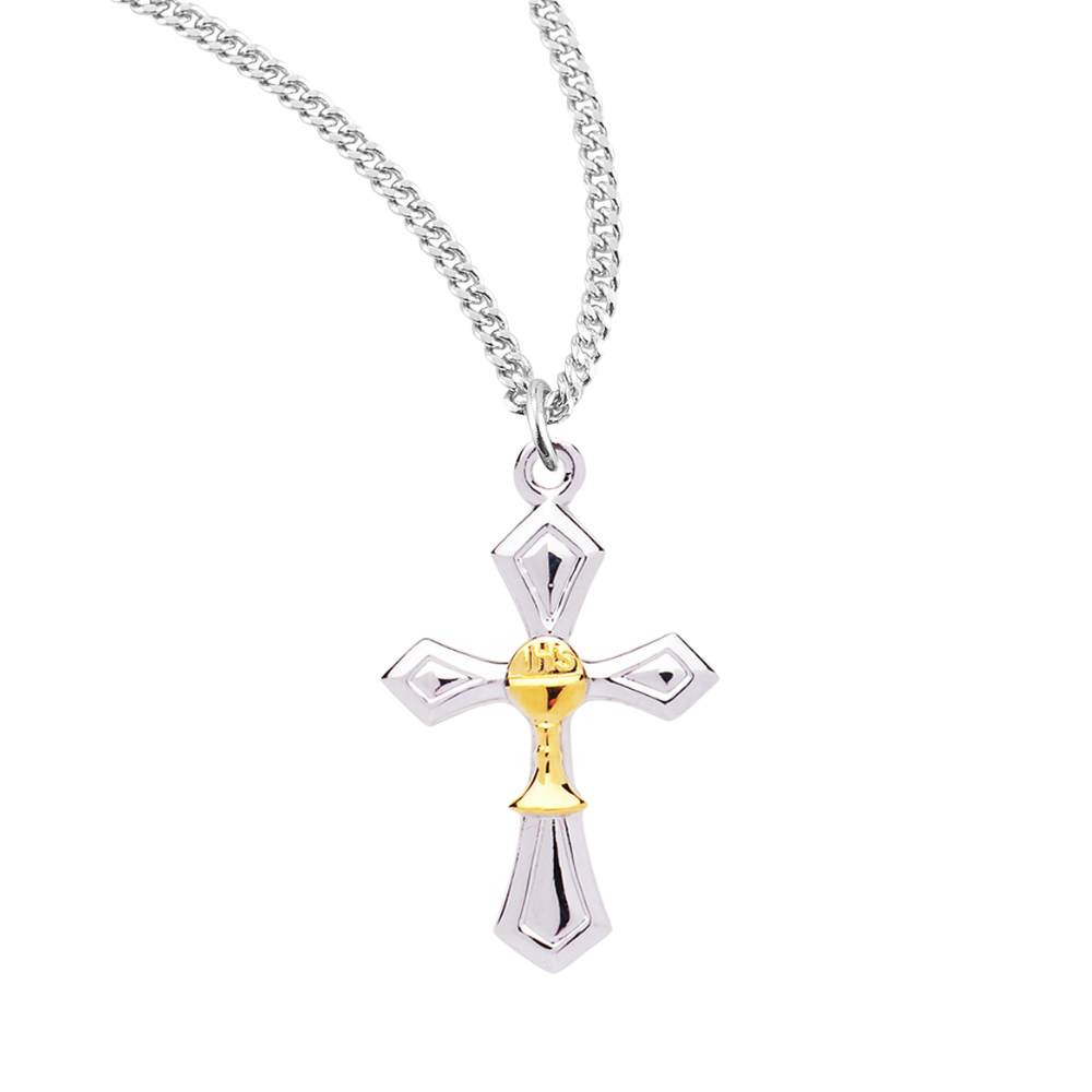Two-Tone Sterling Silver Cross with a Chalice, Catholic Gift, Made in USA