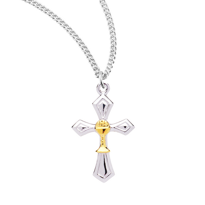 Two-Tone Sterling Silver Cross with a Chalice, Catholic Gift, Made in USA