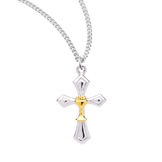 Two-Tone Sterling Silver Cross with a Chalice, Catholic Gift, Made in USA