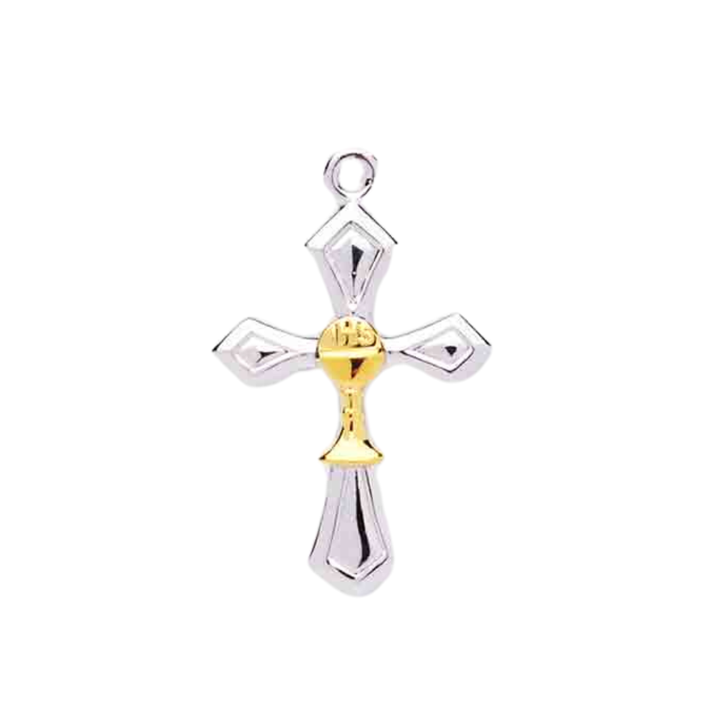 Chalice Cross Sterling Silver Two-Tone Pendant — 18" Chain, Made in USA, Gift Box