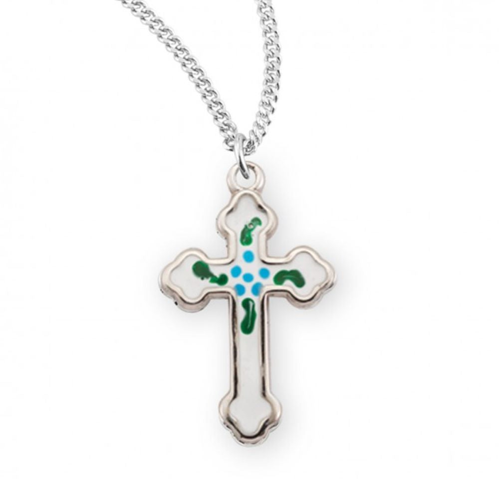 Sterling Silver Budded Latin Style Enameled Cross, Catholic Gift, Made in USA
