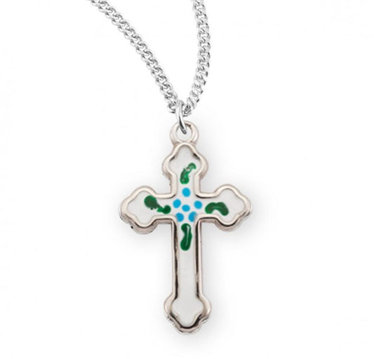 Sterling Silver Budded Latin Style Enameled Cross, Catholic Gift, Made in USA