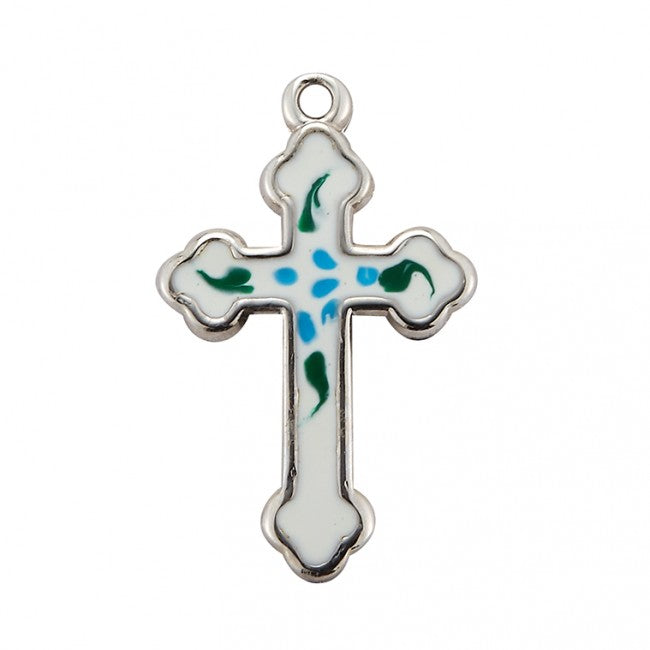 Enameled Budded Latin Cross Sterling Silver Necklace — 18" Chain, Gift Box