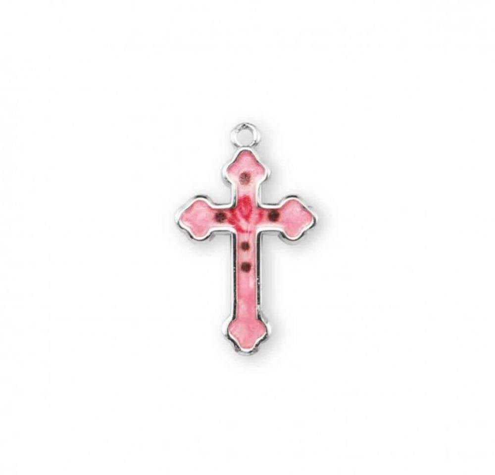 Pink Enameled Cross Sterling Silver Pendant — 18" Chain, Gift Box Included