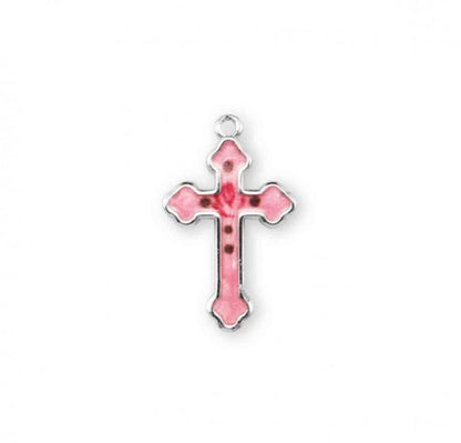 Pink Enameled Cross Sterling Silver Pendant — 18" Chain, Gift Box Included