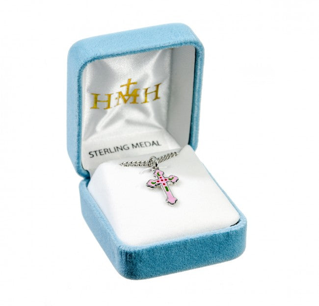 Pink Enameled Cross Sterling Silver Pendant — 18" Chain, Gift Box Included