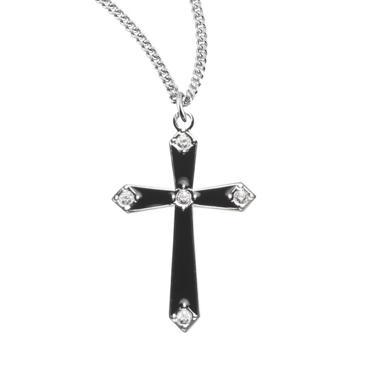Sterling Silver Black Enameled Cross, Catholic Gift, Made in USA