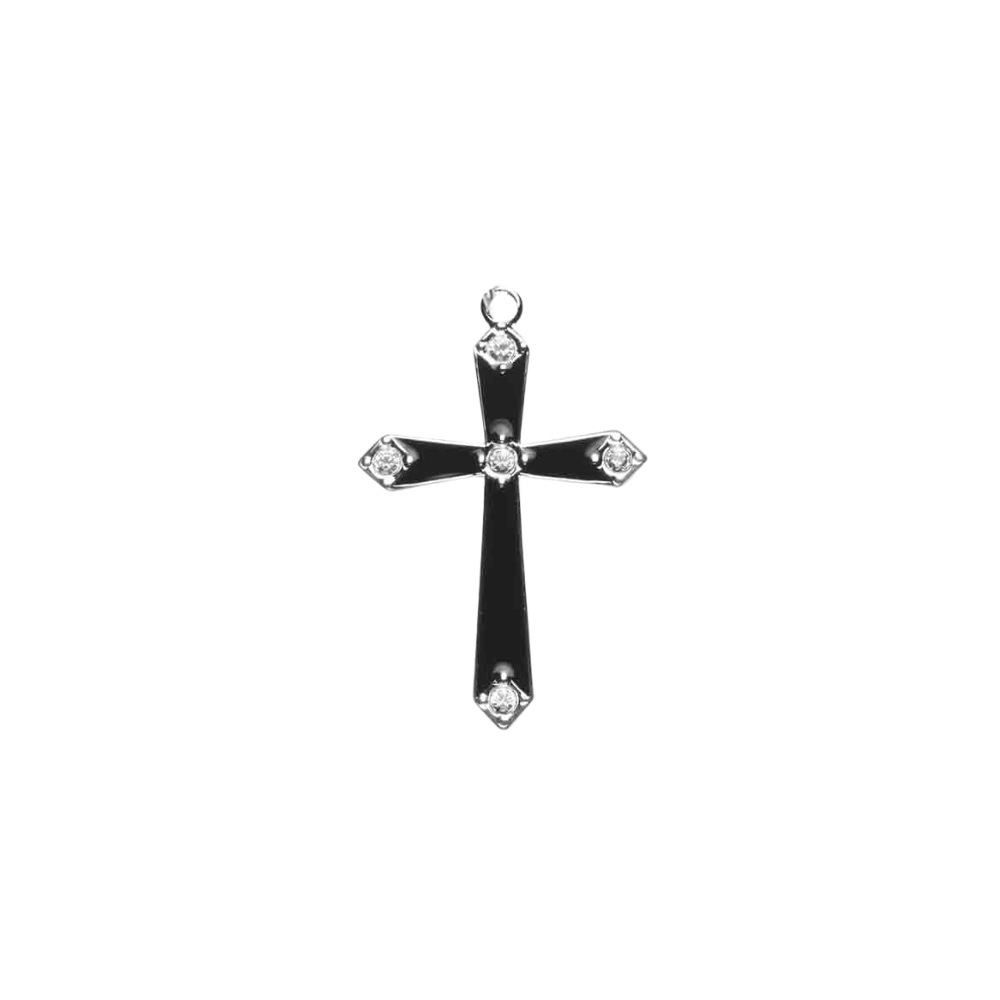 Black Enameled Cross Sterling Silver Pendant Necklace — 18" Chain, Made in USA