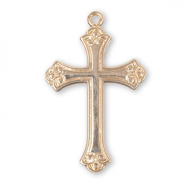 Swirl Tip Cross 16kt Gold Over Sterling Silver Pendant — 18" Chain, Made in USA