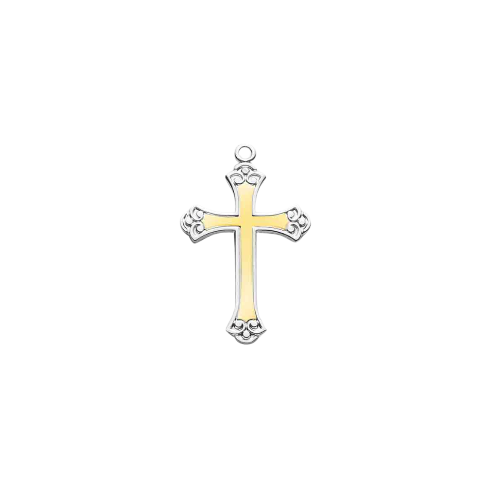 Two Tone Sterling Silver Swirl Cross Pendant — 18" Chain, Made in USA, Gift Box