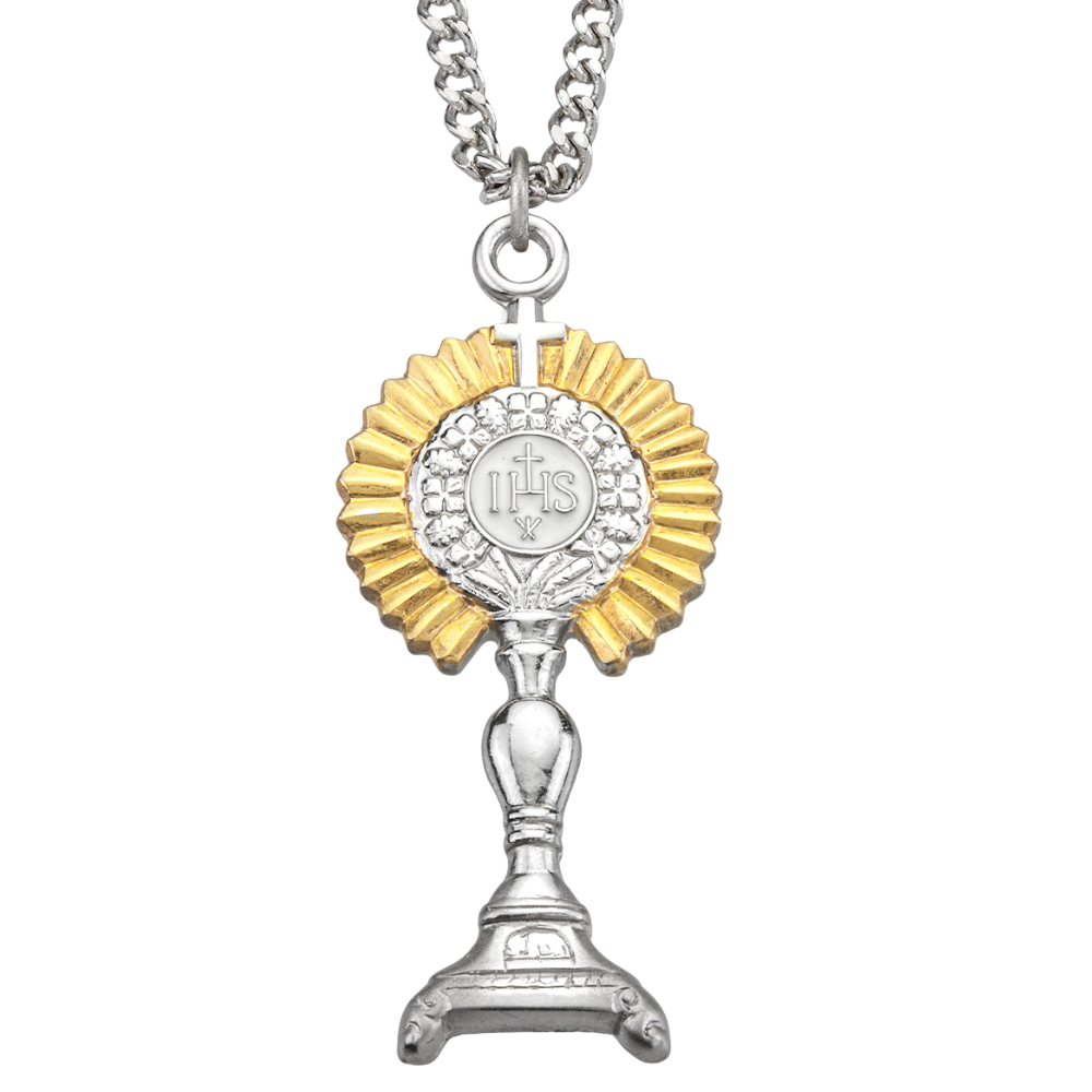 Two-tone Sterling Silver Monstrance Pendant, Catholic Gift, Made in USA