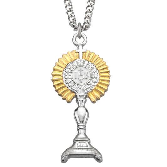 Two-tone Sterling Silver Monstrance Pendant, Catholic Gift, Made in USA