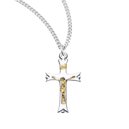 Sterling Silver Two Toned Notched Flared Tip Crucifix, Catholic Gift, Made in USA