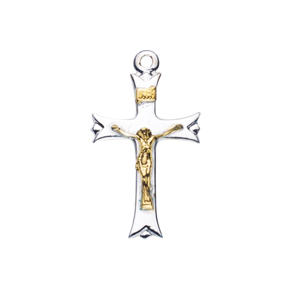 Notched Flared Tip Crucifix Sterling Silver Necklace — 18" Chain, Gift Box