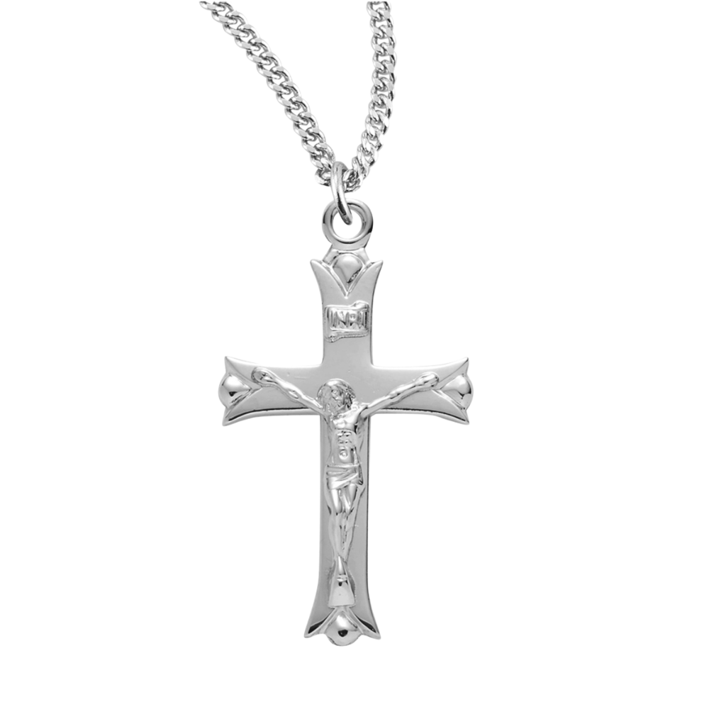 Leaf Tipped Sterling Silver High Polished Crucifix, Catholic Gift, Made in USA