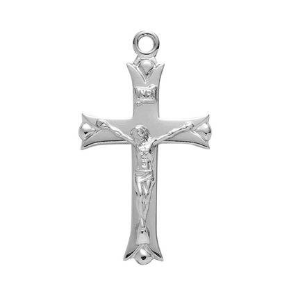 Leaf Tipped Crucifix Sterling Silver Pendant — 18" Chain, Gift Box Included