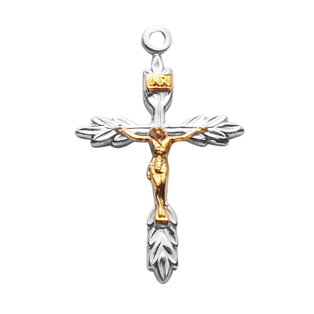 Two Toned Wheat Crucifix Sterling Silver Pendant — 18" Chain, Gift Box Included