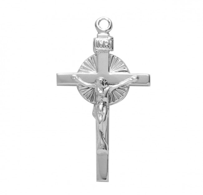 Sun Burst Crucifix Sterling Silver Pendant — 18" Chain, Gift Box Included