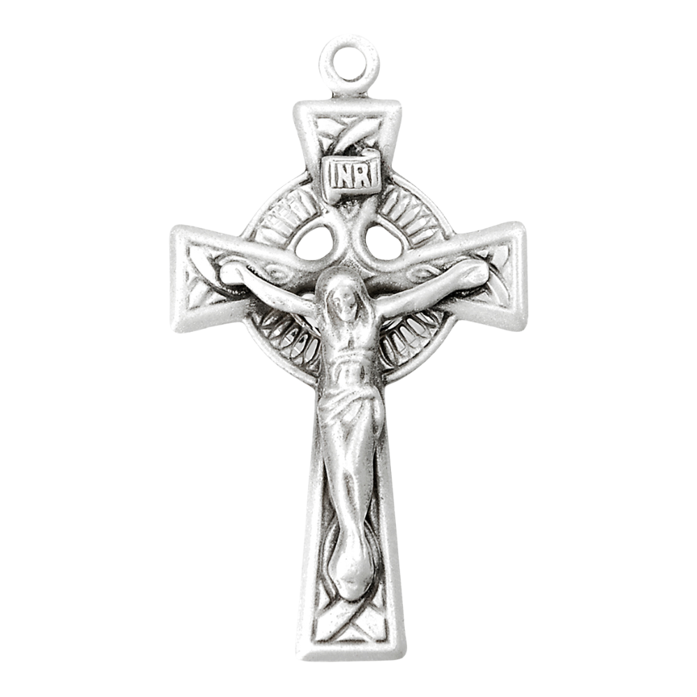 Irish Celtic Crucifix Sterling Silver Pendant Necklace — 20" Chain, Made in USA