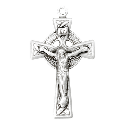 Irish Celtic Crucifix Sterling Silver Pendant Necklace — 20" Chain, Made in USA