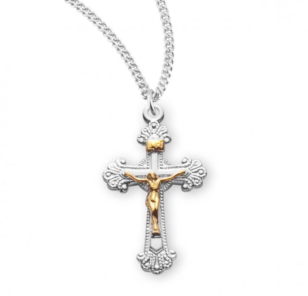 Two Toned Fancy Engraved Sterling Silver Crucifix, Catholic Gift, Made in USA