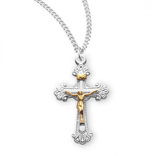Two Toned Fancy Engraved Sterling Silver Crucifix, Catholic Gift, Made in USA