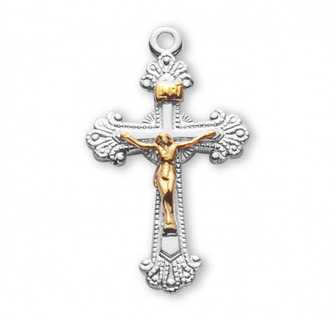 Two Toned Engraved Crucifix Sterling Silver — 18" Chain, Gift Box, Made in USA