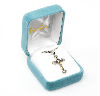Two Toned Engraved Crucifix Sterling Silver — 18" Chain, Gift Box, Made in USA