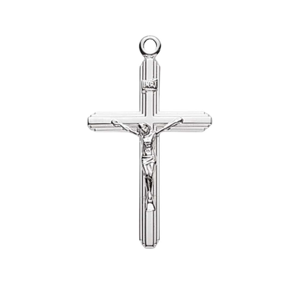 Sterling Silver Stream Lined Crucifix Pendant — 18" Chain, Made in USA, Gift Box