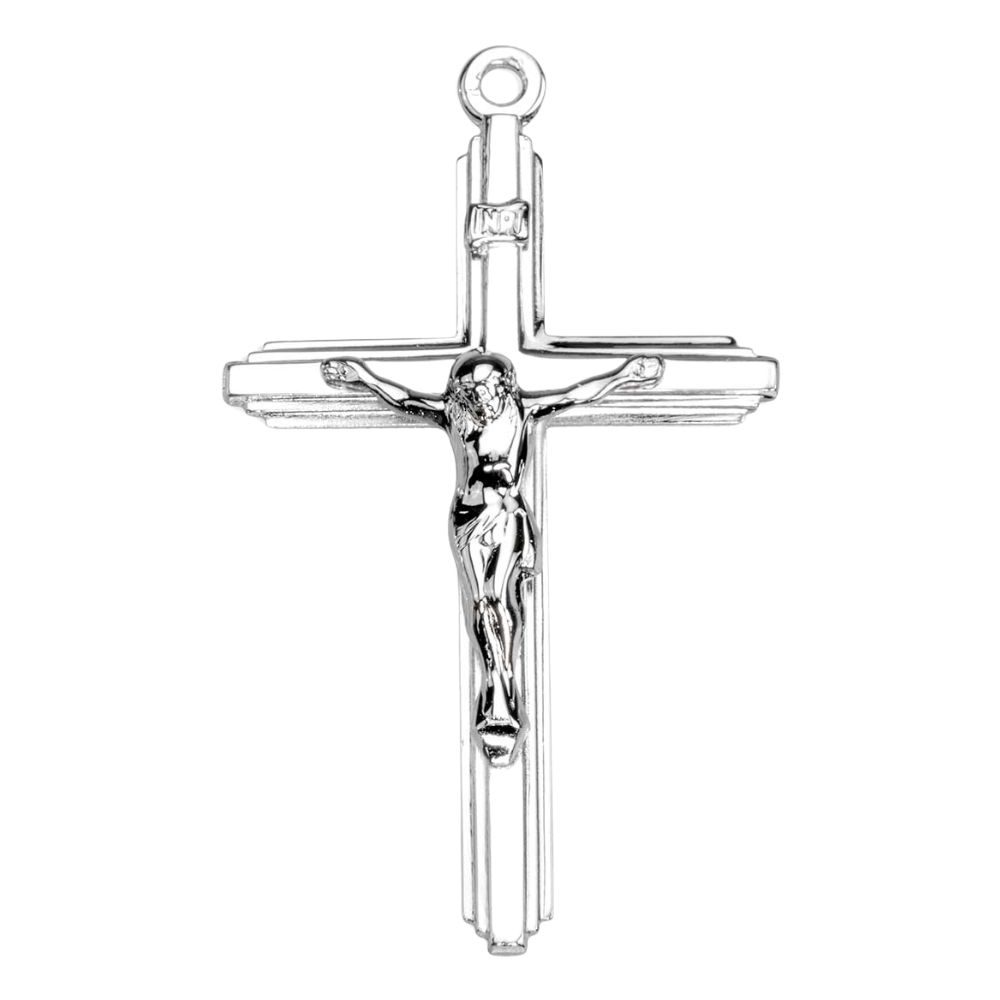 Inlayed Crucifix Sterling Silver Pendant — 24" Chain, Made in USA, Gift Box