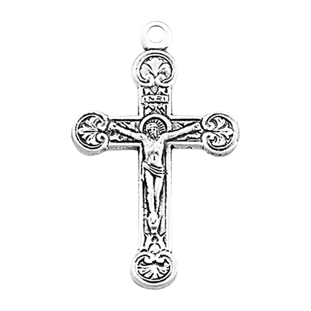 Floret Tipped Crucifix Sterling Silver Pendant — 18" Chain, Gift Box Included