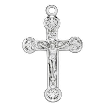 Floret Tipped Crucifix Sterling Silver Pendant — 24" Chain, Gift Box Included