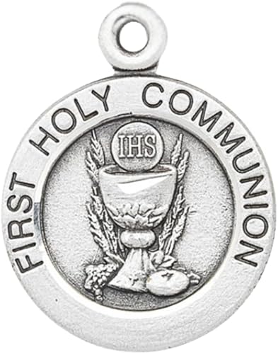First Communion Round Medal Sterling Silver Pendant — 18" Chain, Gift Box Included