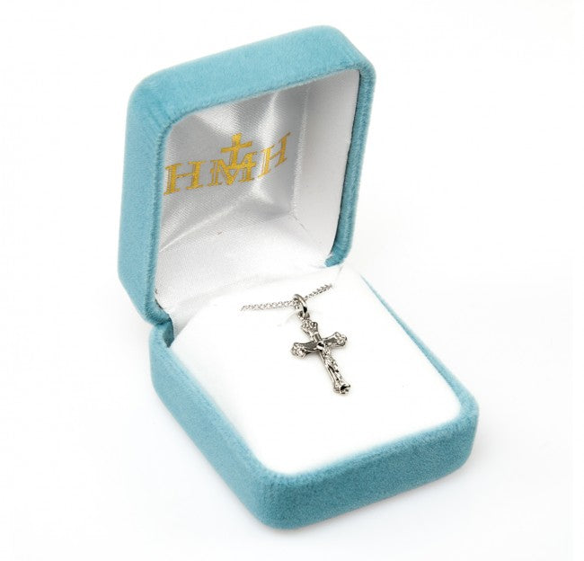 Tapered Crucifix Sterling Silver Pendant Necklace - 18 Inch Chain, Made in USA