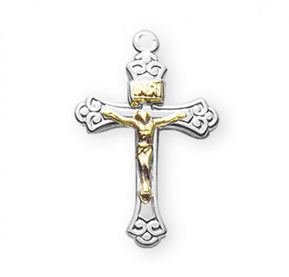 Tapered Two Toned Crucifix Sterling Silver Pendant — 18" Chain, Gift Box