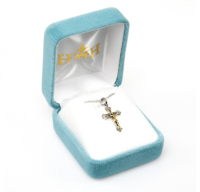 Tapered Two Toned Crucifix Sterling Silver Pendant — 18" Chain, Gift Box