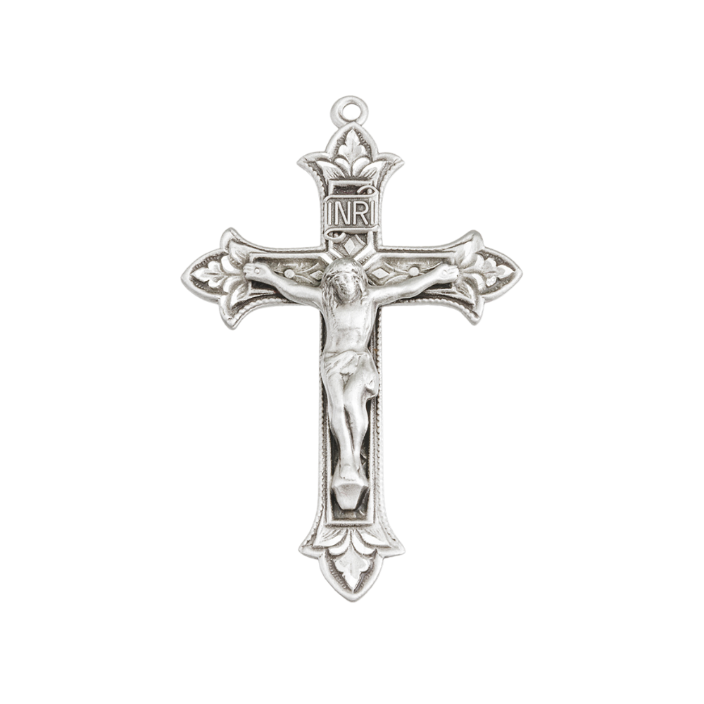 Fleur De Lis Crucifix Sterling Silver Cross — 24" Chain, Gift Box Included