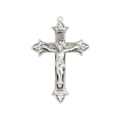Fleur De Lis Crucifix Sterling Silver Cross — 24" Chain, Gift Box Included