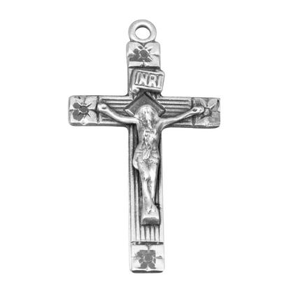 Flower Tipped Crucifix Sterling Silver Necklace — 18" Chain, Gift Box Included