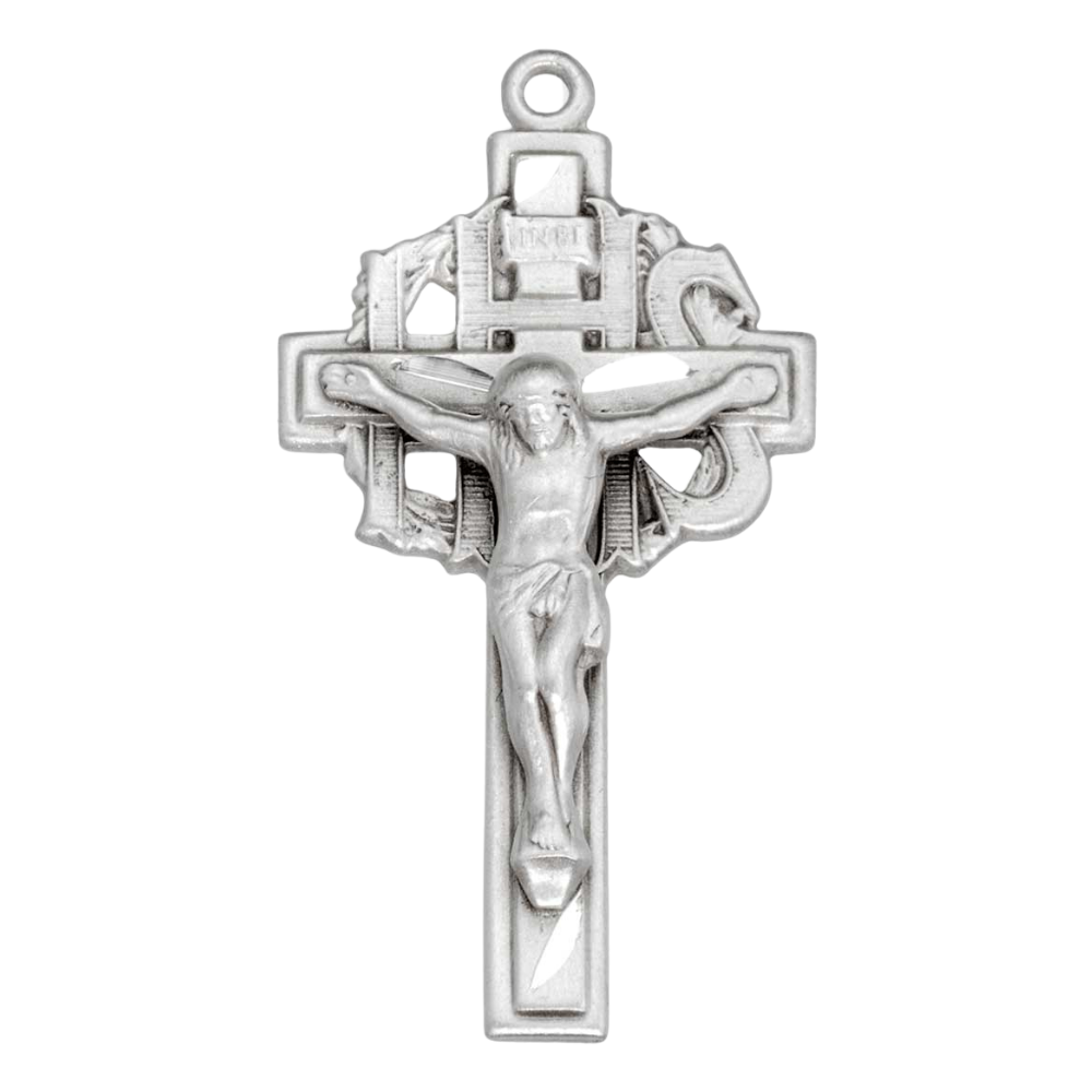 IHS Pierced Crucifix Sterling Silver Pendant Necklace — 24 Inch Chain, USA Made