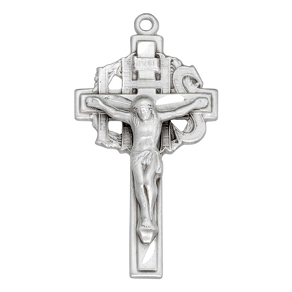 IHS Pierced Crucifix Sterling Silver Pendant Necklace — 24 Inch Chain, USA Made