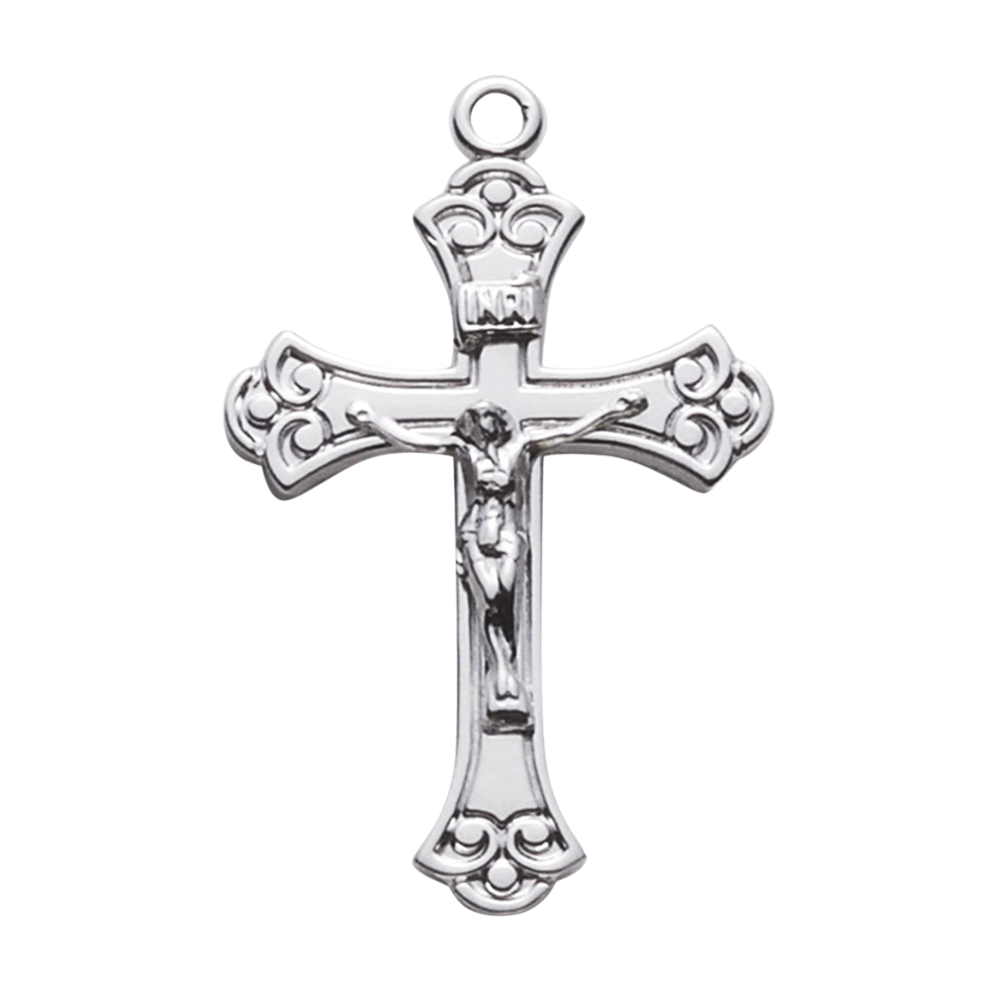 Swirled Crucifix Sterling Silver Pendant Necklace - 18 Inch Chain, Made in USA