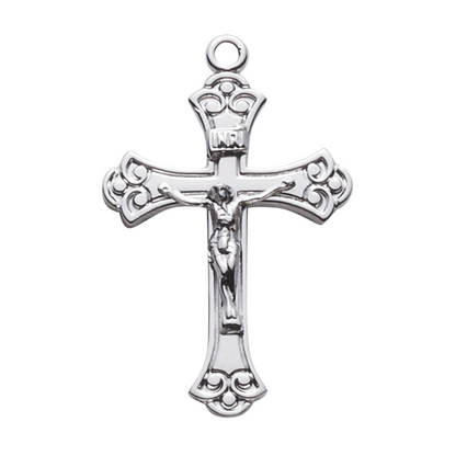 Swirled Crucifix Sterling Silver Pendant Necklace - 18 Inch Chain, Made in USA