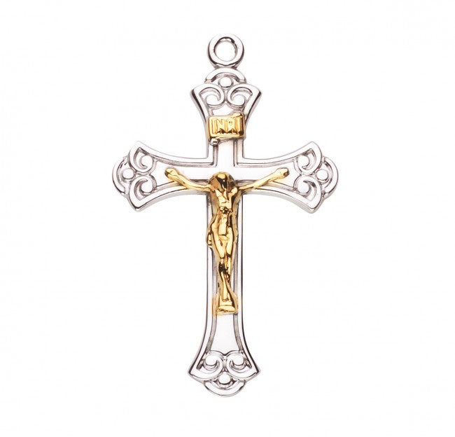 Two-Tone Sterling Silver Crucifix Pendant — 18" Chain, Made in USA, Gift Box