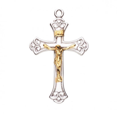 Two-Tone Sterling Silver Crucifix Pendant — 18" Chain, Made in USA, Gift Box