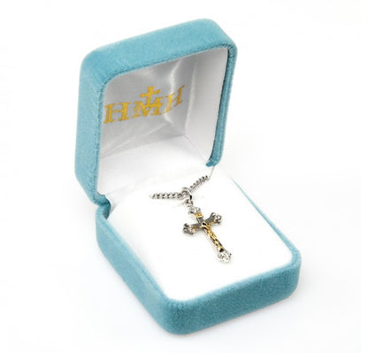 Two-Tone Sterling Silver Crucifix Pendant — 18" Chain, Made in USA, Gift Box