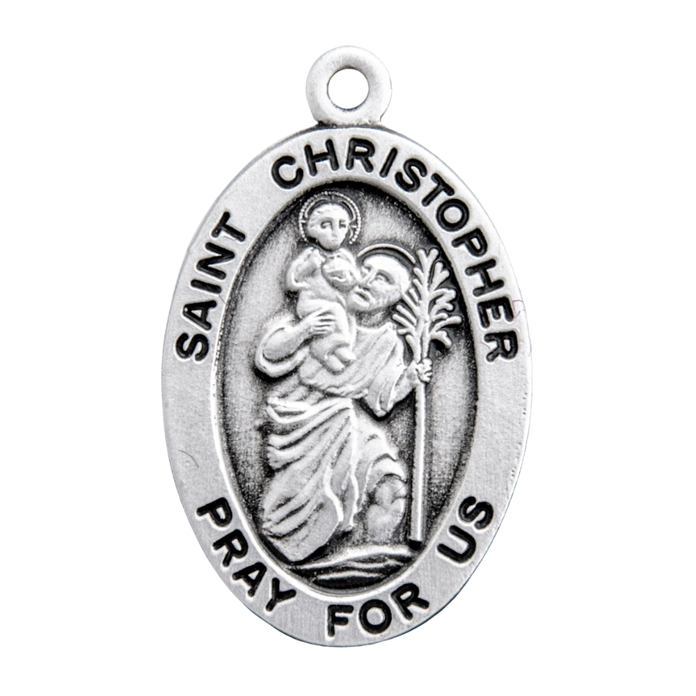 Saint Christopher Sterling Silver Oval Medal Necklace — 18" Chain, Gift Box